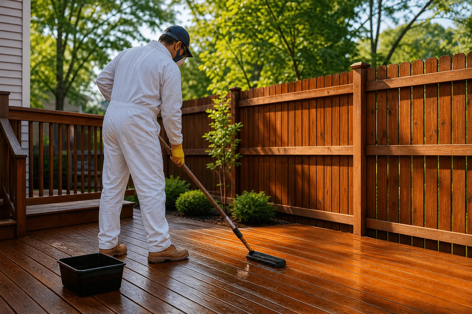 Professional staining a wooden deck and fence in a suburban backyard in Buffalo Grove