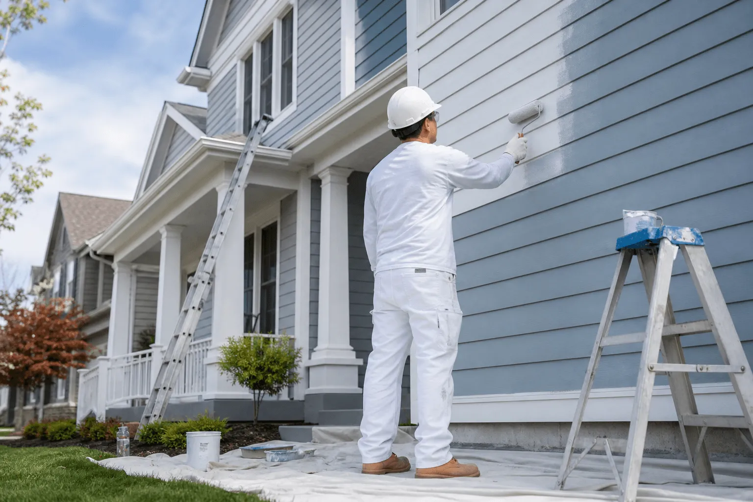 Professional painting the exterior of a two-story suburban house in Buffalo Grove