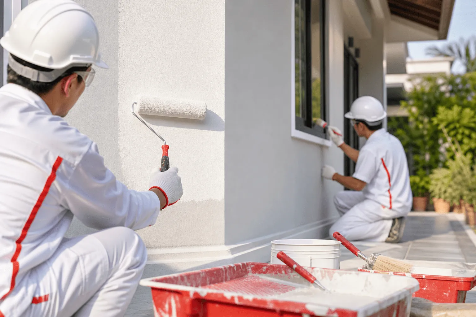 Two professional painters in safety gear applying exterior paint on a residential home