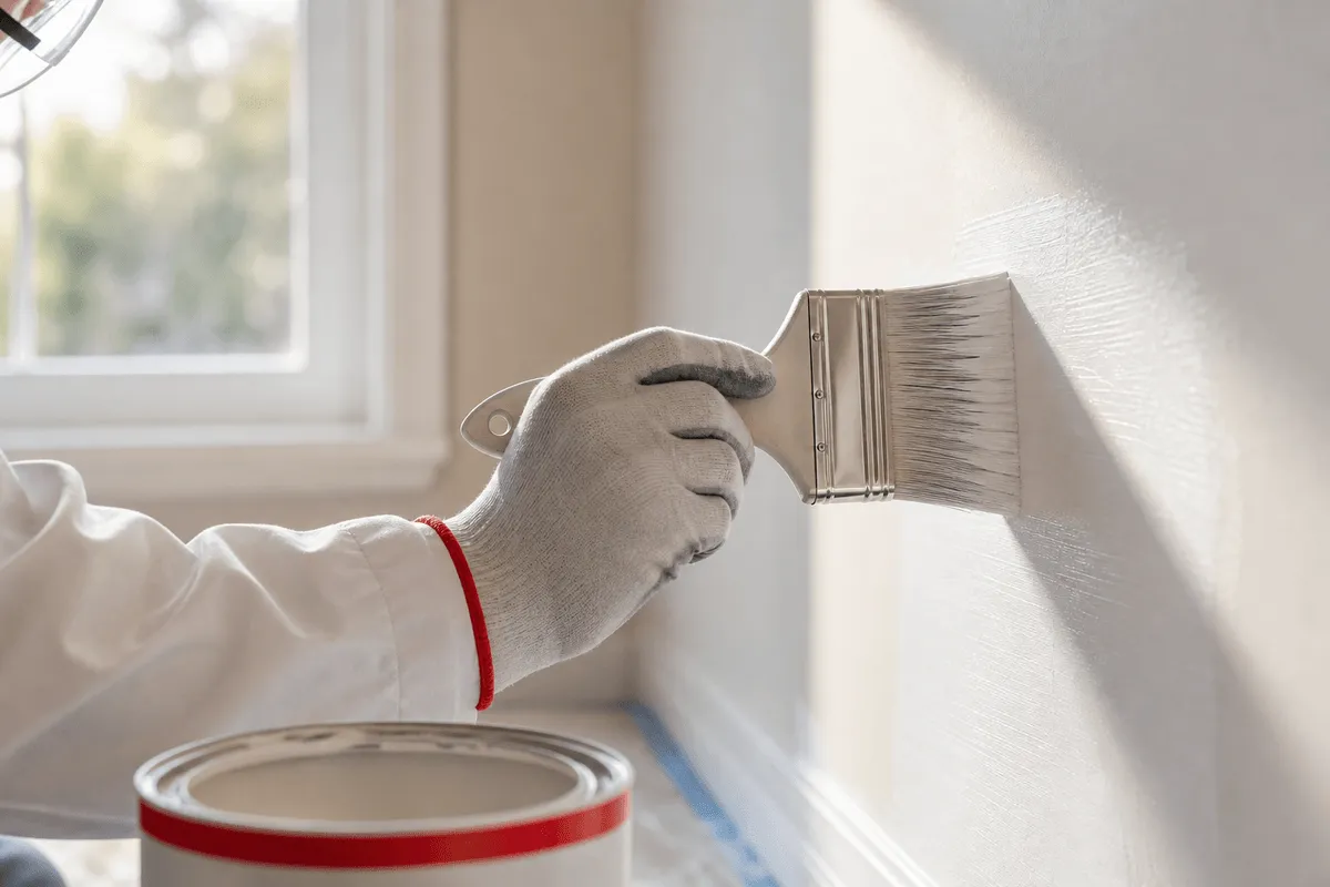 Close-up of gloved hands applying white paint on an indoor wall with a brush