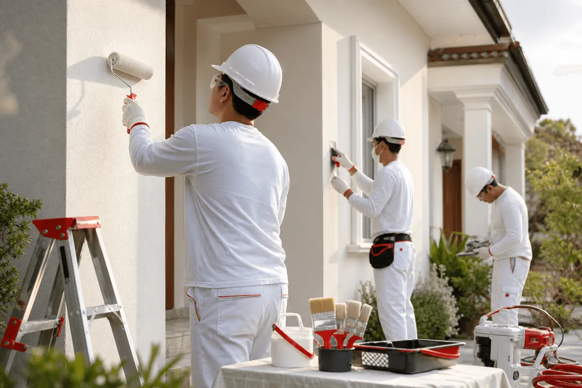 Close-up of gloved hands applying white paint on an indoor wall with a brush